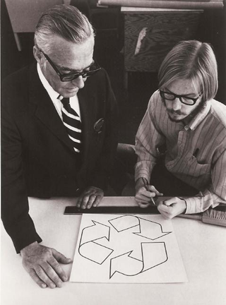 Gary Anderson in 1970 (right) and his original design of the recycling logo.